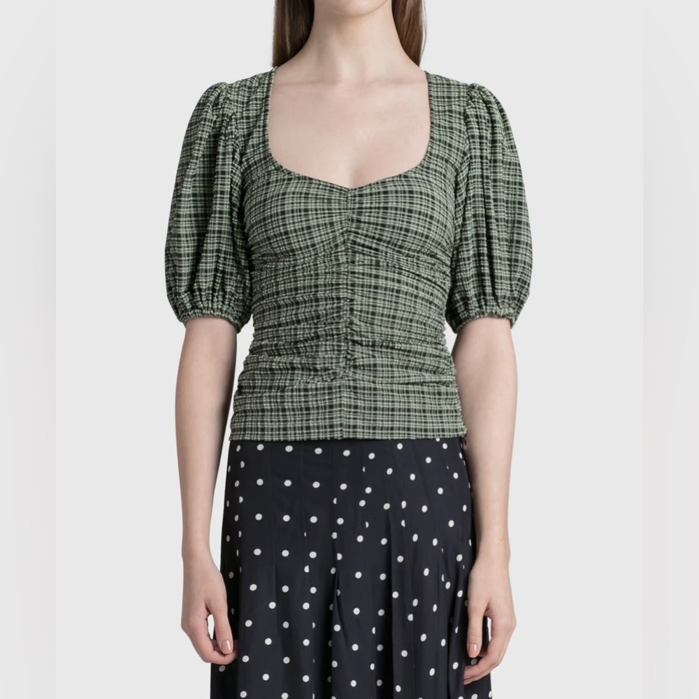 Ganni Sage Check Ruched Balloon Sleeve Blouse